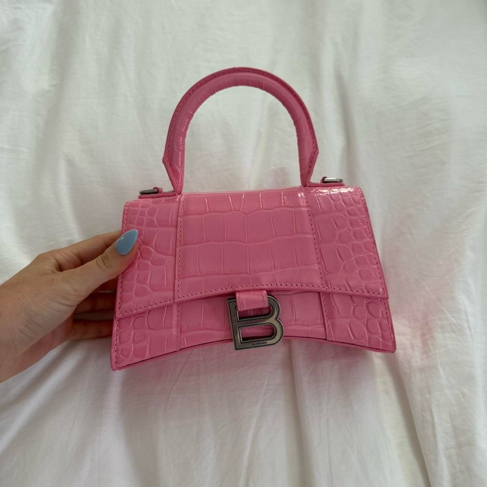 Balenciaga Calfskin Crocodile Embossed Hourglass Top Handle Bag Sweet Pink